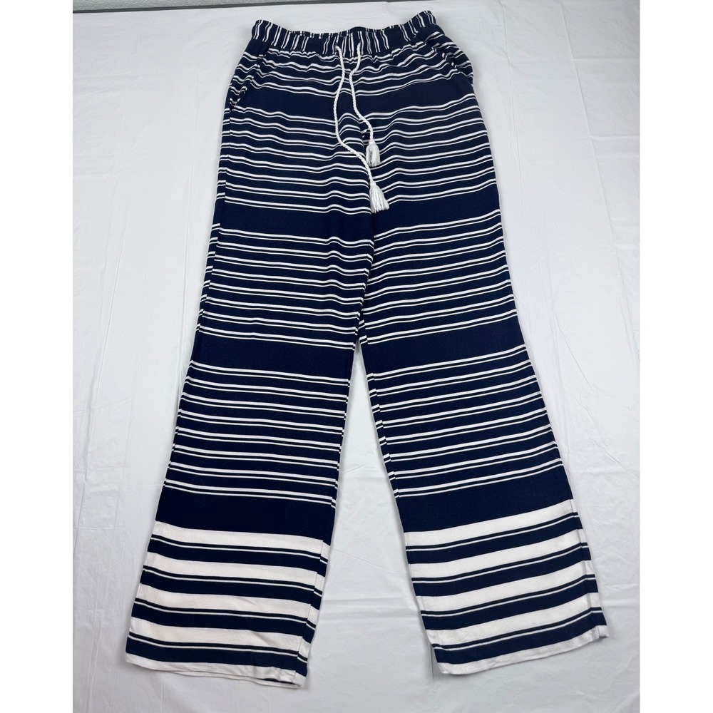 Maurices Womens Navy Blue White Striped Wide Leg Drawstring Pants Small Coastal